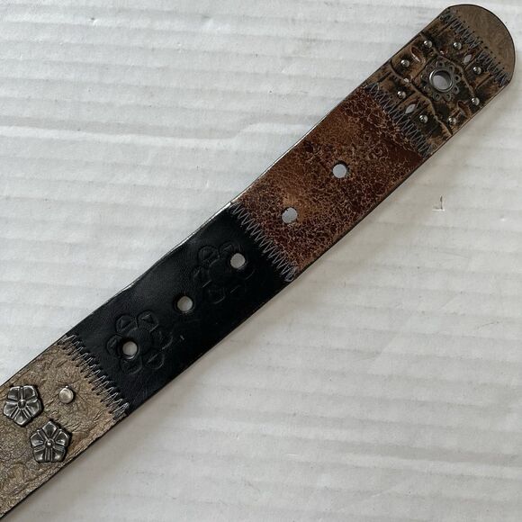 Y2K FOSSIL Leather Patchwork Belt  Small Floral Studded Tooled Western Vintage main image 6